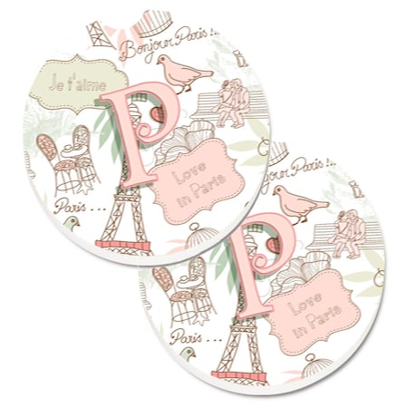 Carolines Treasures Letter P Love in Paris Pink Set of 2 Cup Holder Car Coaster CJ2002-PCARC